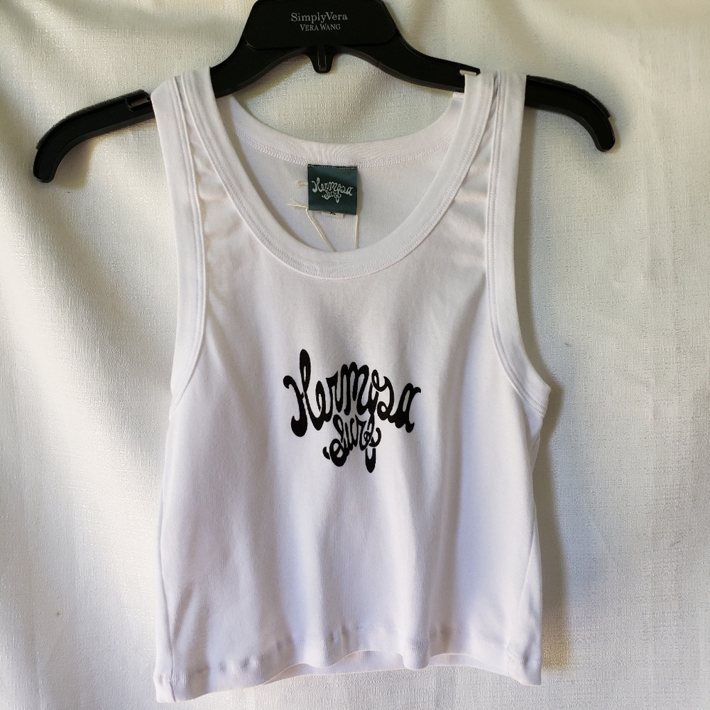 Hermosa Surf Tank Top Womens Size XL White Black Spell Out Cropped Nwt